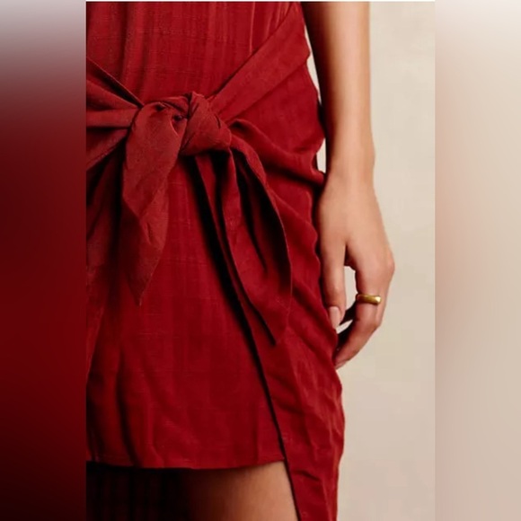 Maeve Anthropologie Bloomsbury Shirt Dress 8 Red Brown Rust Rayon Wrap Tie - Picture 3 of 13